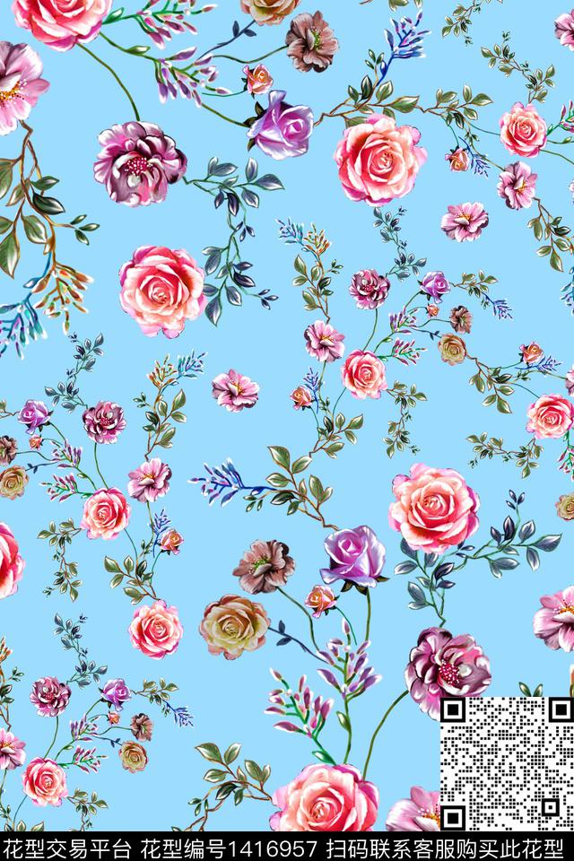 绿植树叶水彩大牌风数码印花华亿平台下载（图片编号: 1416957） - 瓦栏（Walan）