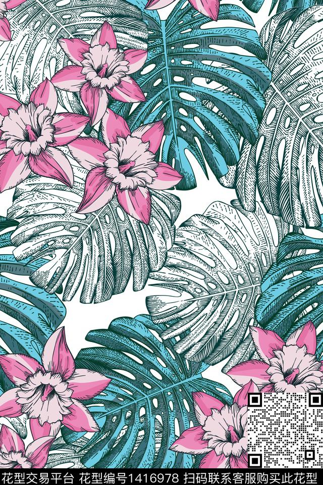 绿植树叶女装花卉传统印花华亿平台下载（图片编号: 1416978） - 瓦栏（Walan）