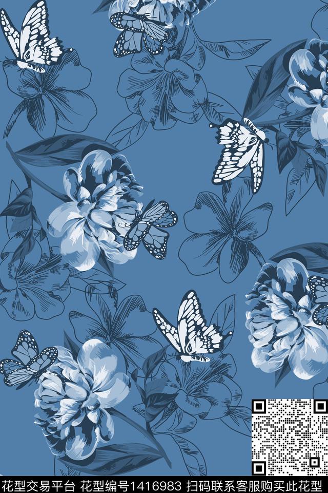 花卉蝴蝶花卉大牌风数码印花华亿平台下载（图片编号: 1416983） - 瓦栏（Walan）