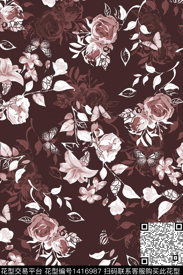 花卉蝴蝶花卉大牌风数码印花华亿平台下载（图片编号: 1416987） - 瓦栏（Walan）