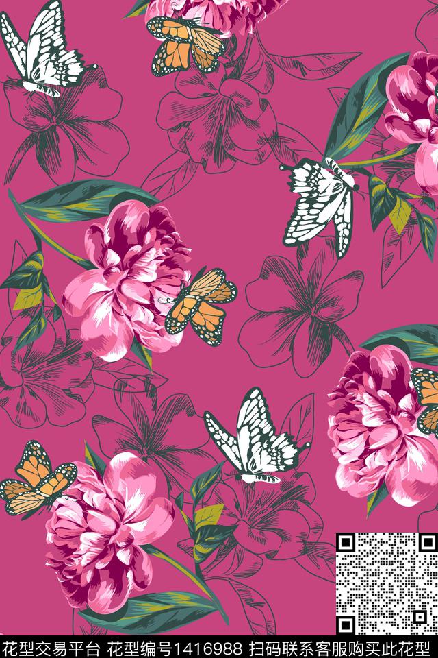 花卉蝴蝶花卉大牌风数码印花华亿平台下载（图片编号: 1416988） - 瓦栏（Walan）