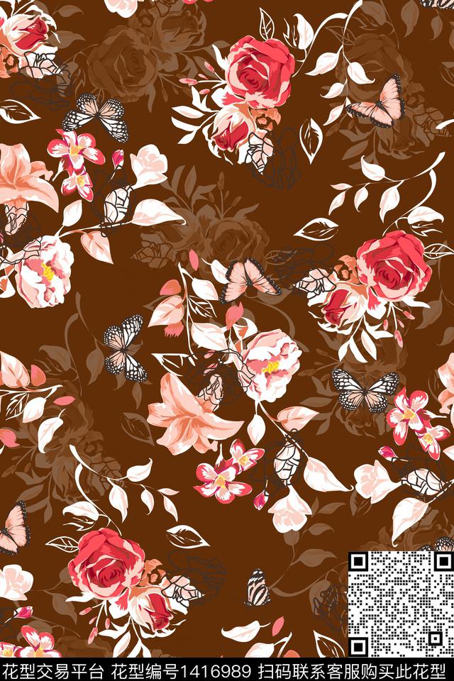 花卉蝴蝶花卉大牌风数码印花华亿平台下载（图片编号: 1416989） - 瓦栏（Walan）