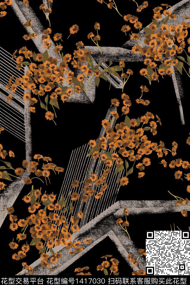 线条花卉小碎花数码印花华亿平台下载（图片编号: 1417030） - 瓦栏（Walan）