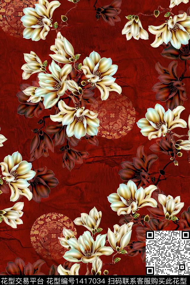 花卉旗袍香云纱数码印花华亿平台下载（图片编号: 1417034） - 瓦栏（Walan）