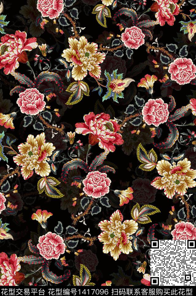 绿植树叶民族风花卉数码印花华亿平台下载（图片编号: 1417096） - 瓦栏（Walan）