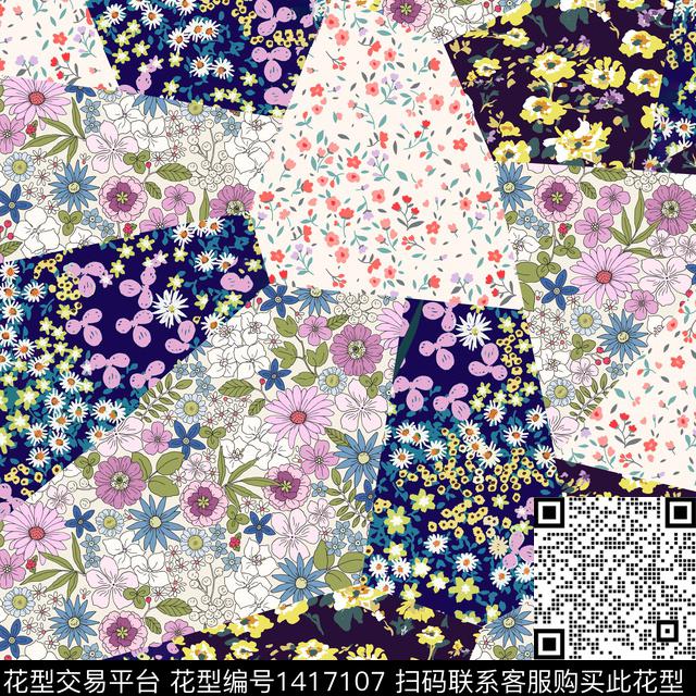 花卉真丝混合拼接数码印花华亿平台下载（图片编号: 1417107） - 瓦栏（Walan）