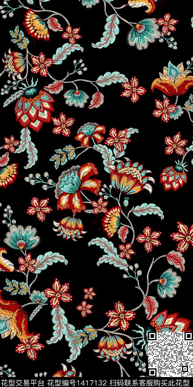 民族风花卉抽象数码印花华亿平台下载（图片编号: 1417132） - 瓦栏（Walan）