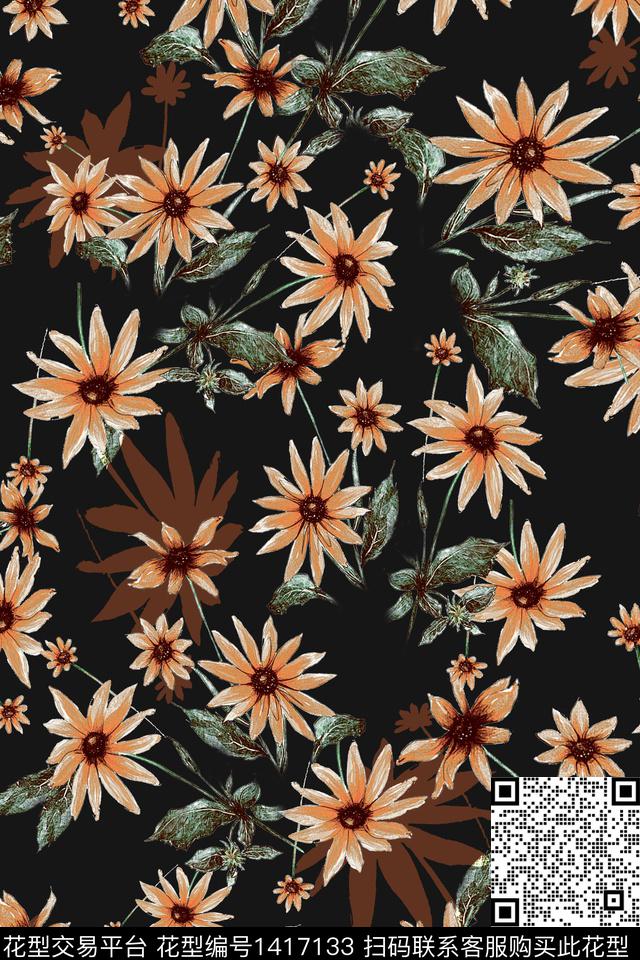 黑底花卉肌理小清新数码印花华亿平台下载（图片编号: 1417133） - 瓦栏（Walan）