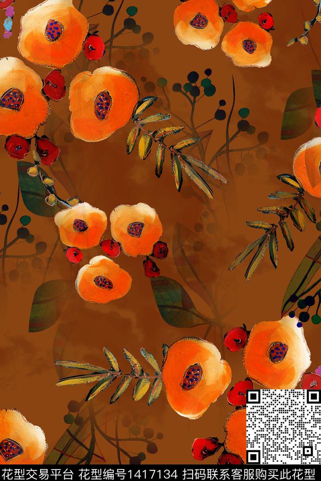 抽象花卉复古数码印花华亿平台下载（图片编号: 1417134） - 瓦栏（Walan）