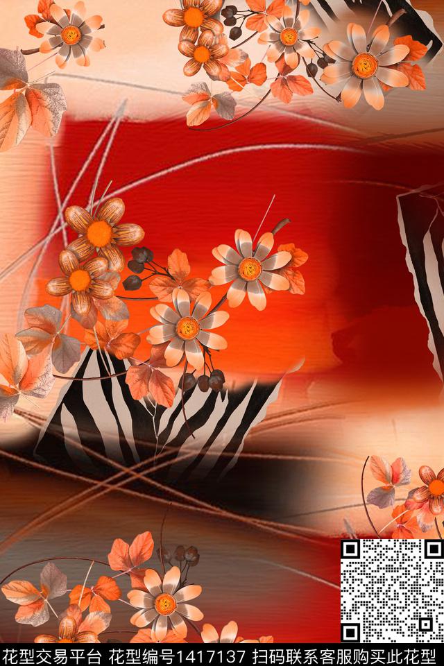 民族花卉橙色渐变数码印花华亿平台下载（图片编号: 1417137） - 瓦栏（Walan）