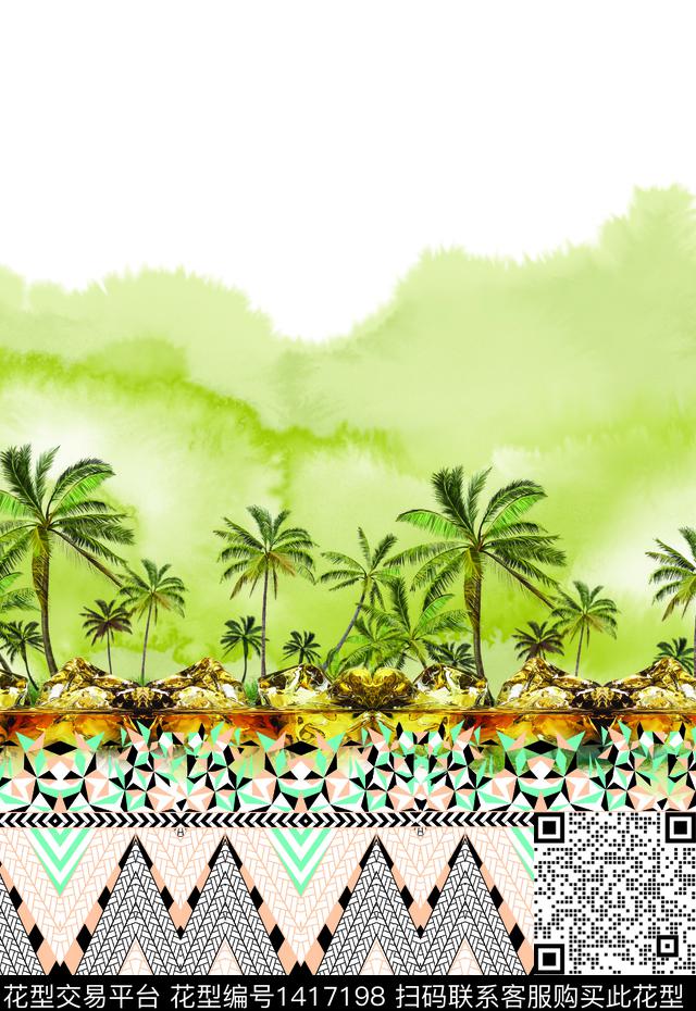几何定位花绿植树叶数码印花华亿平台下载（图片编号: 1417198） - 瓦栏（Walan）