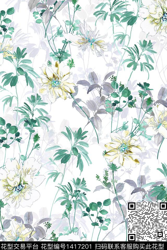 花卉真丝绿植树叶数码印花华亿平台下载（图片编号: 1417201） - 瓦栏（Walan）