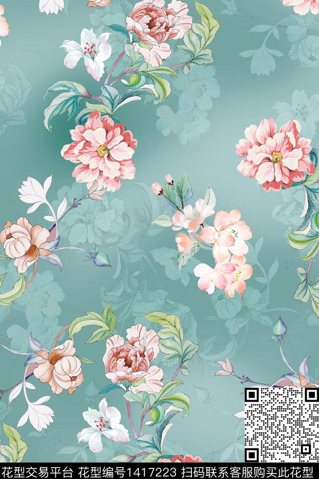 时尚花卉真丝数码印花华亿平台下载（图片编号: 1417223） - 瓦栏（Walan）