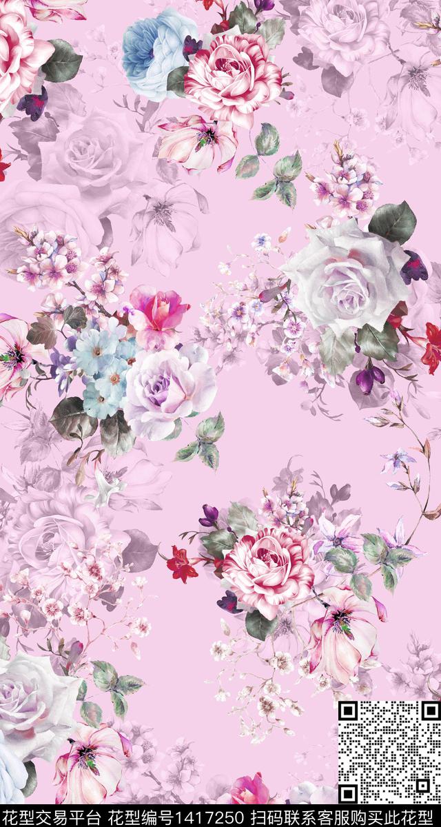 时尚花卉真丝数码印花华亿平台下载（图片编号: 1417250） - 瓦栏（Walan）