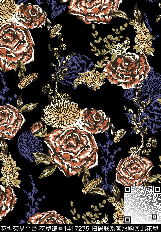 花卉大牌风抽象数码印花华亿平台下载（图片编号: 1417275） - 瓦栏（Walan）