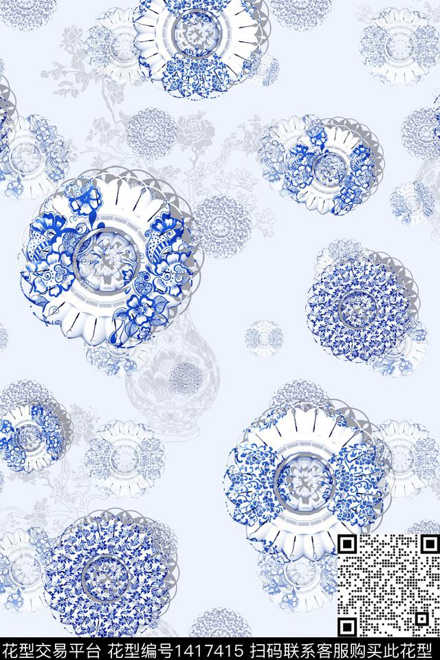 奢华青花瓷扎染华亿平台数码印花华亿平台下载（图片编号: 1417415） - 瓦栏（Walan）