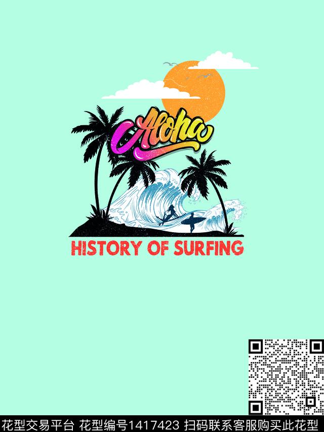 字母棕榈树海浪数码印花华亿平台下载（图片编号: 1417423） - 瓦栏（Walan）