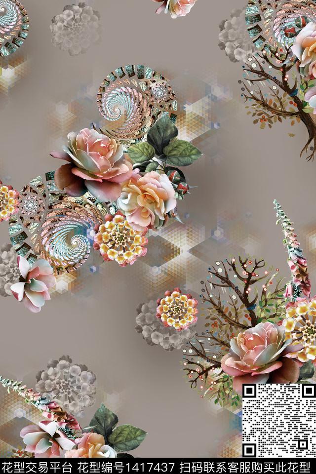 树枝花卉分形图案数码印花华亿平台下载（图片编号: 1417437） - 瓦栏（Walan）