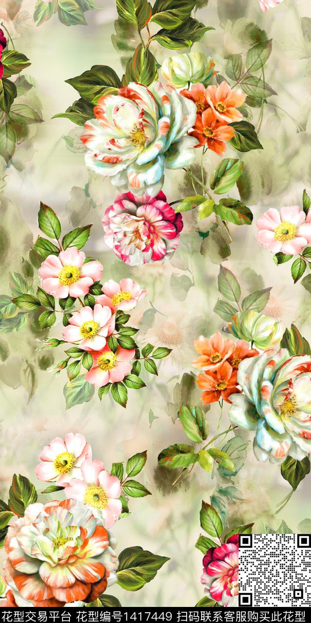 时尚花卉真丝数码印花华亿平台下载（图片编号: 1417449） - 瓦栏（Walan）