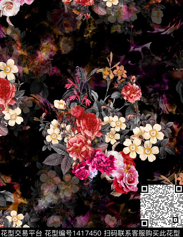 时尚花卉真丝数码印花华亿平台下载（图片编号: 1417450） - 瓦栏（Walan）