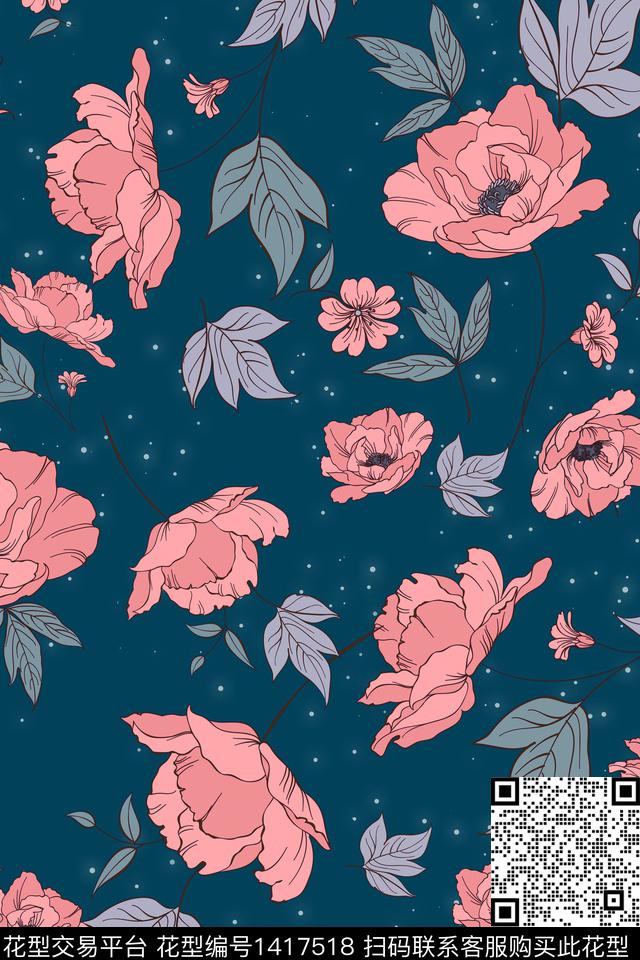 花卉年轻女性手绘花卉数码印花华亿平台下载（图片编号: 1417518） - 瓦栏（Walan）