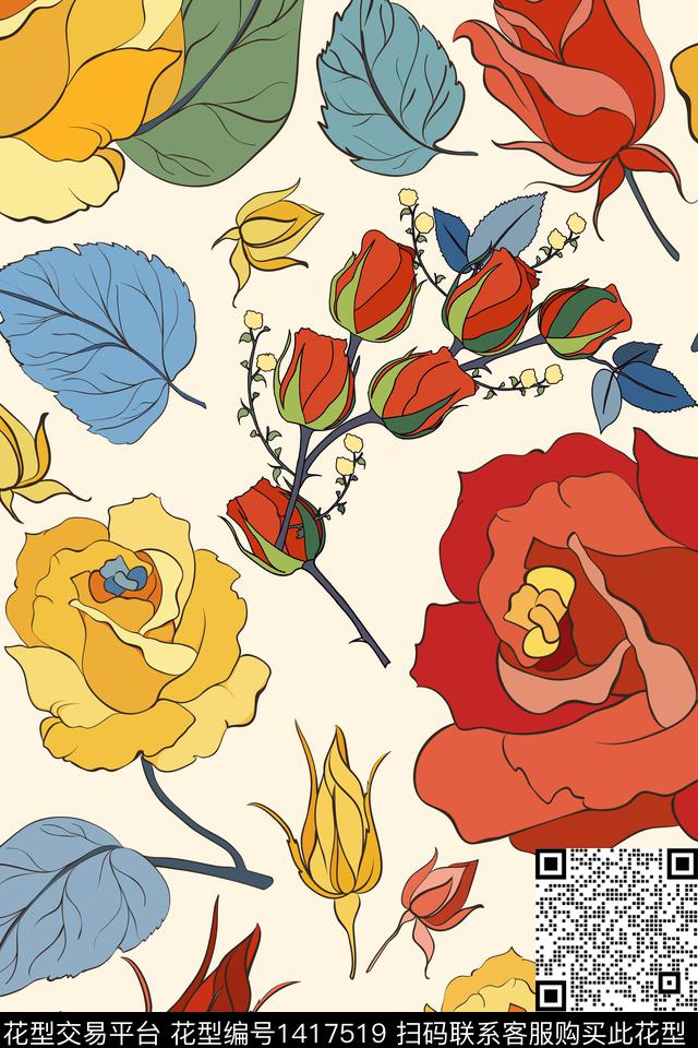 花卉年轻女性手绘花卉数码印花华亿平台下载（图片编号: 1417519） - 瓦栏（Walan）