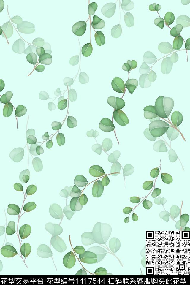 绿植树叶水彩清爽底花卉数码印花华亿平台下载（图片编号: 1417544） - 瓦栏（Walan）