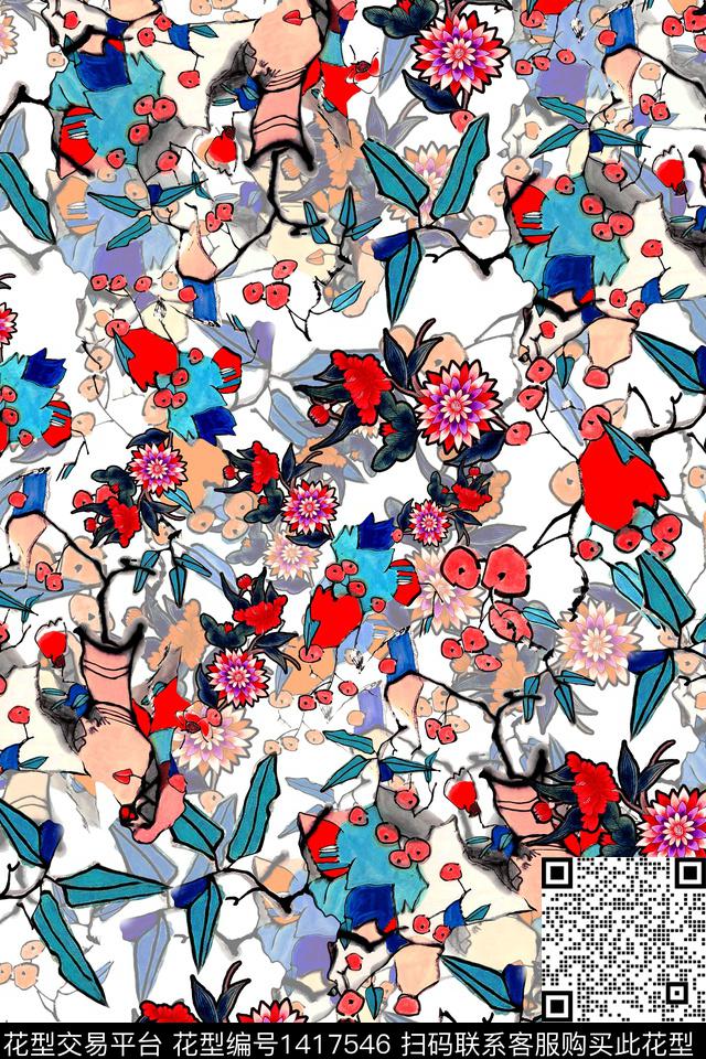 几何抽象花卉清爽底花卉数码印花华亿平台下载（图片编号: 1417546） - 瓦栏（Walan）