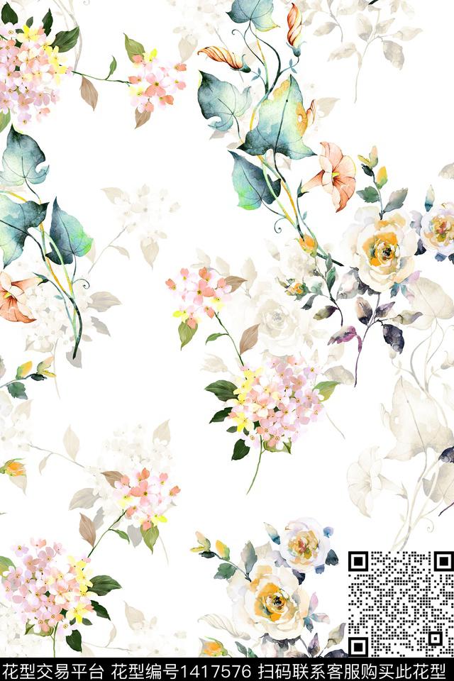 清爽底花卉花卉大牌风数码印花华亿平台下载（图片编号: 1417576） - 瓦栏（Walan）