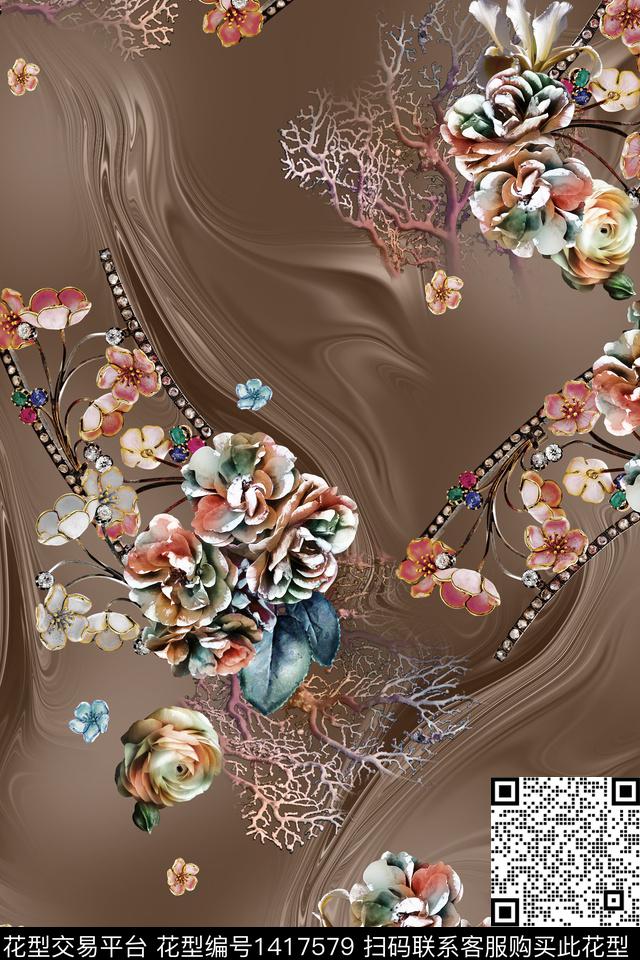 花卉抽象纹样珠宝数码印花华亿平台下载（图片编号: 1417579） - 瓦栏（Walan）