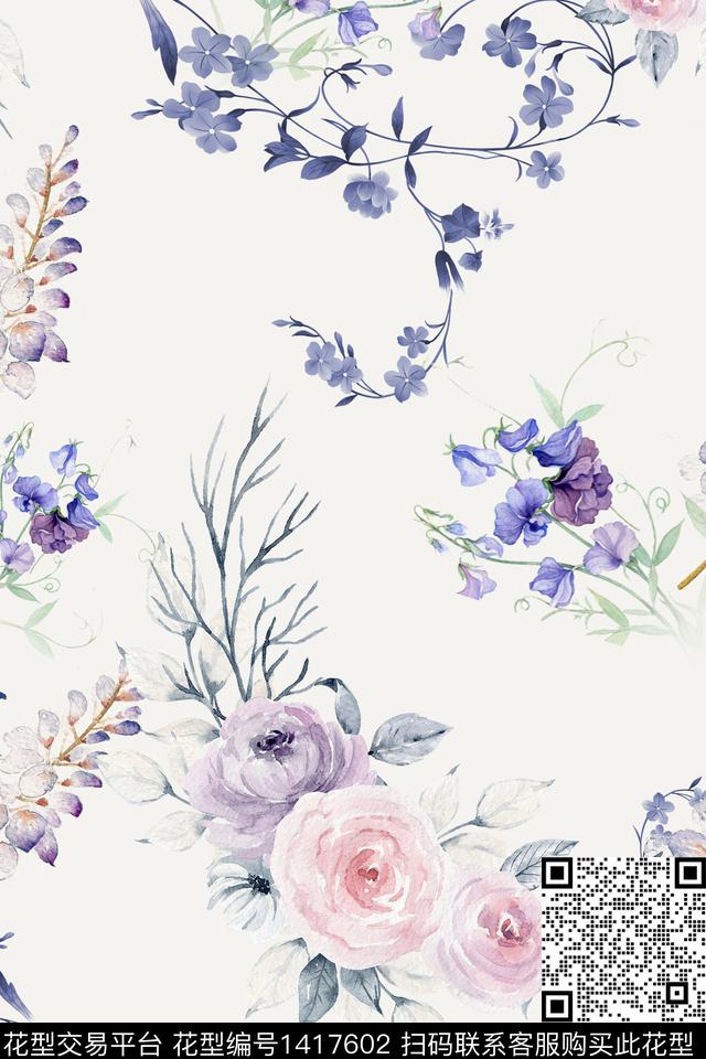 清爽底花卉花卉年轻女性数码印花华亿平台下载（图片编号: 1417602） - 瓦栏（Walan）