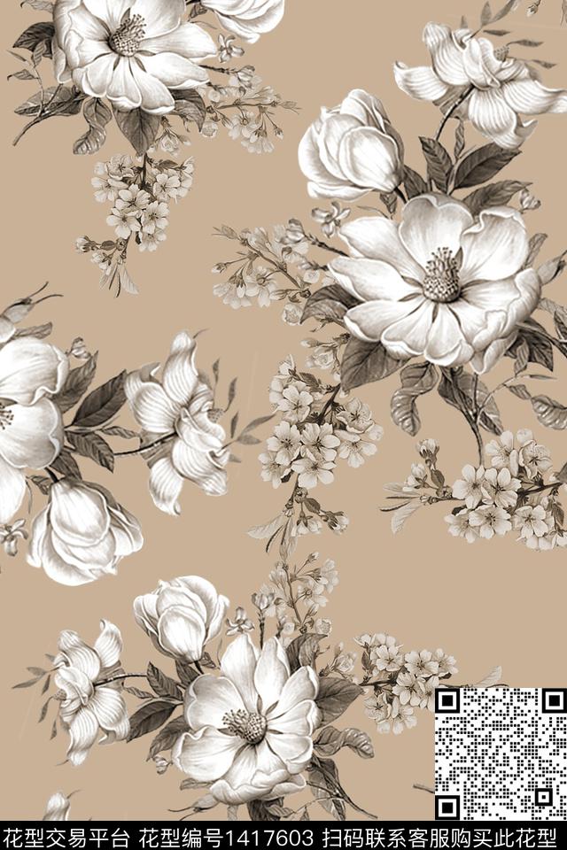 清爽底花卉花卉年轻女性数码印花华亿平台下载（图片编号: 1417603） - 瓦栏（Walan）