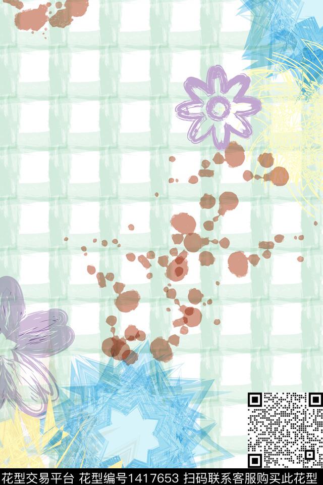 定位花水彩格子数码印花华亿平台下载（图片编号: 1417653） - 瓦栏（Walan）
