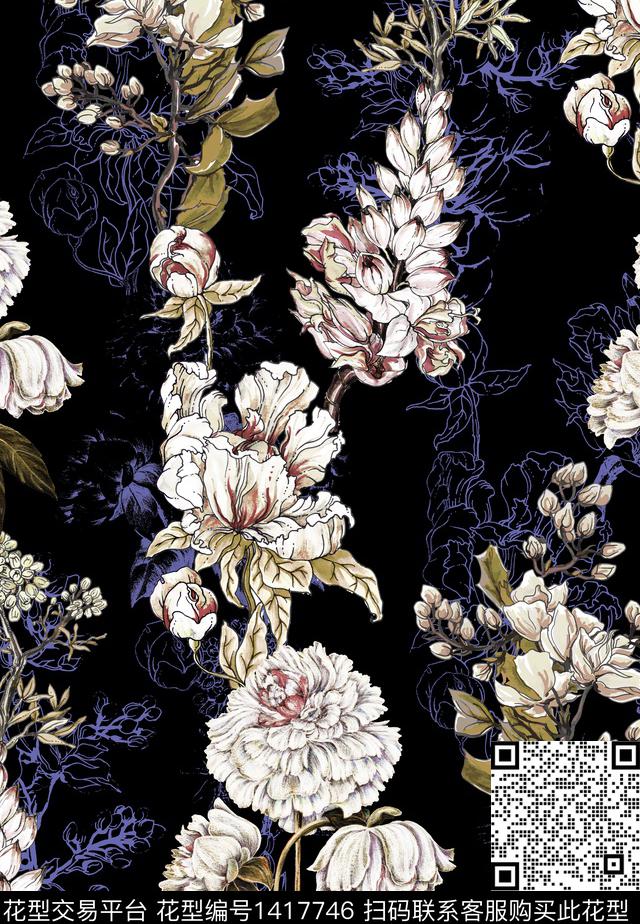 花卉大牌风真丝数码印花华亿平台下载（图片编号: 1417746） - 瓦栏（Walan）