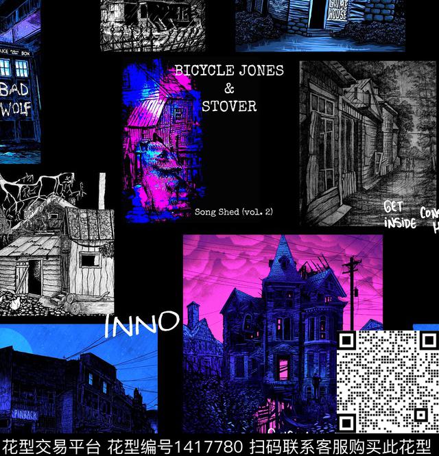 字母黑底花卉建筑数码印花华亿平台下载（图片编号: 1417780） - 瓦栏（Walan）