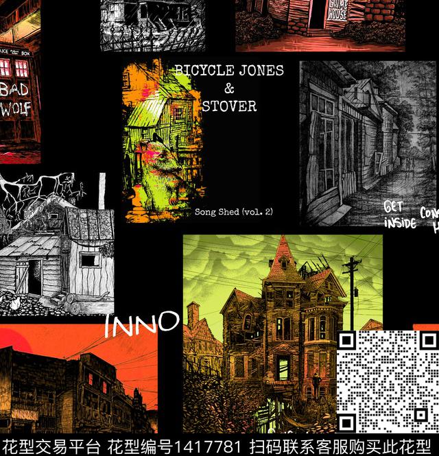 字母黑底花卉建筑数码印花华亿平台下载（图片编号: 1417781） - 瓦栏（Walan）