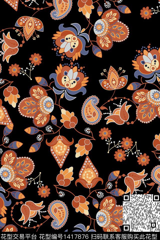 连衣裙佩斯利花卉传统印花华亿平台下载（图片编号: 1417876） - 瓦栏（Walan）