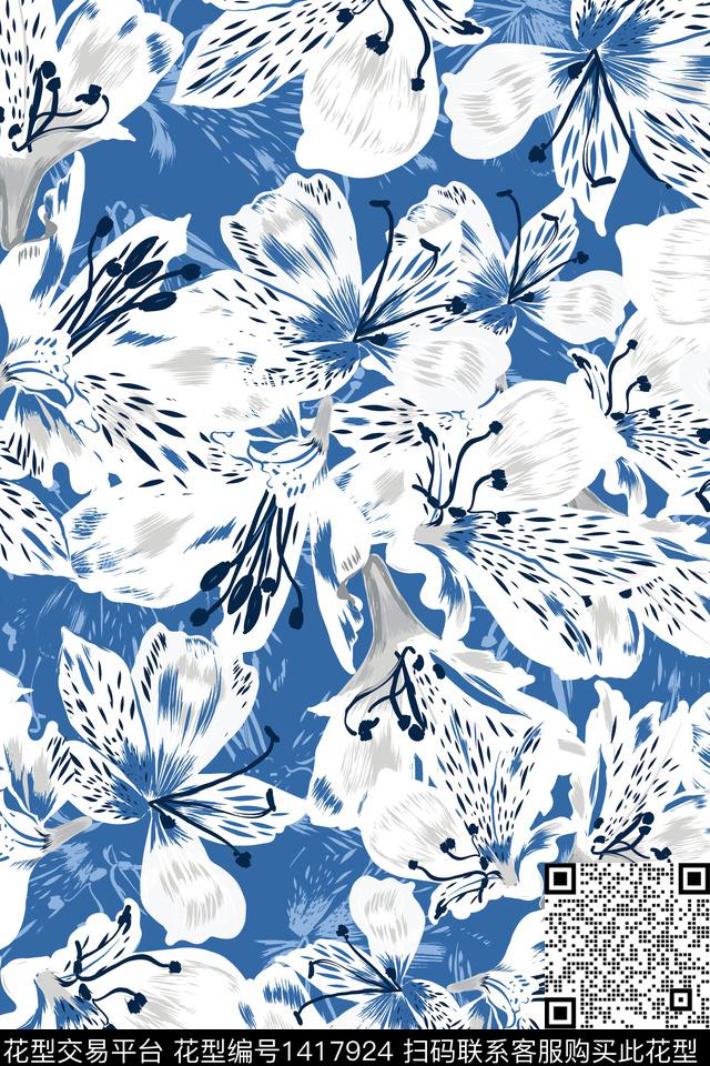 绿植树叶清爽底花卉百合传统印花华亿平台下载（图片编号: 1417924） - 瓦栏（Walan）