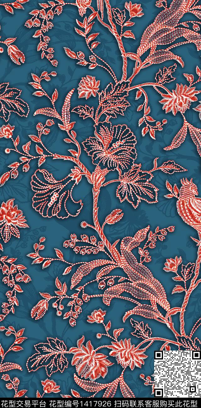 绿植树叶绣花华亿平台花卉数码印花华亿平台下载（图片编号: 1417926） - 瓦栏（Walan）
