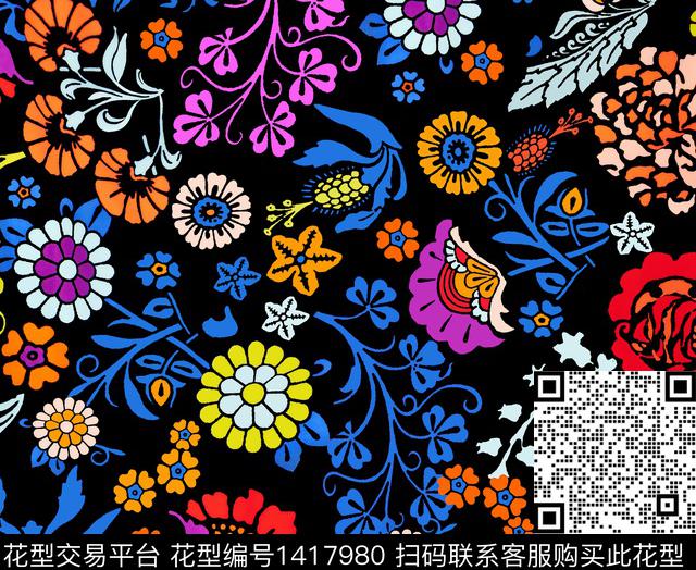 花卉抽象黑底花卉传统印花华亿平台下载（图片编号: 1417980） - 瓦栏（Walan）