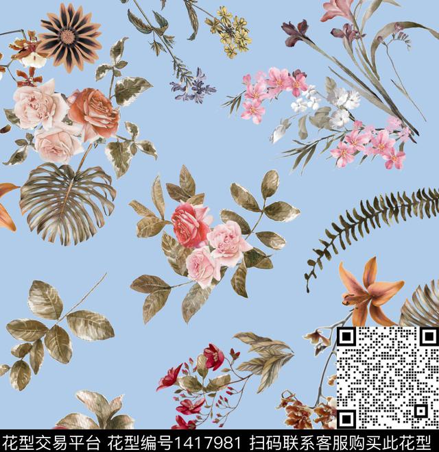 花卉玫瑰花龟背叶数码印花华亿平台下载（图片编号: 1417981） - 瓦栏（Walan）