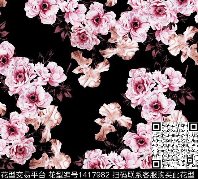 水彩花卉黑底花卉数码印花华亿平台下载（图片编号: 1417982） - 瓦栏（Walan）
