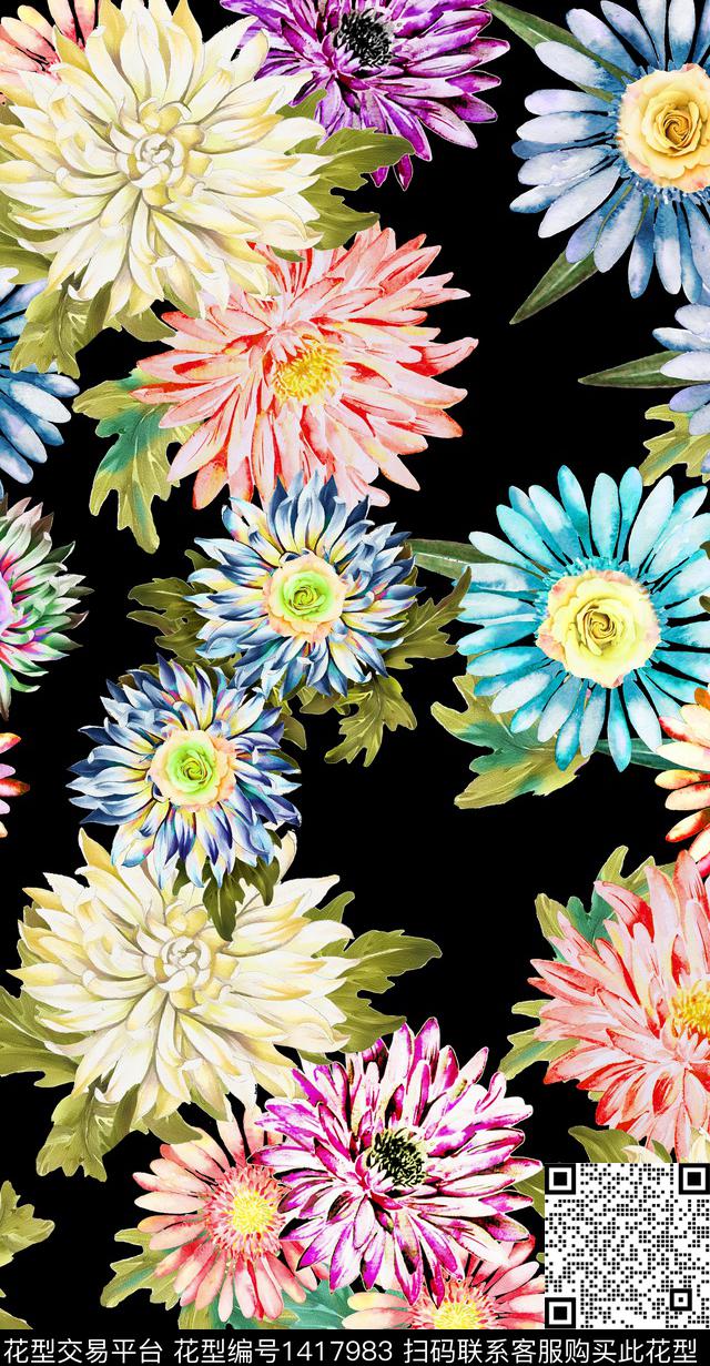 水彩花卉黑底花卉数码印花华亿平台下载（图片编号: 1417983） - 瓦栏（Walan）