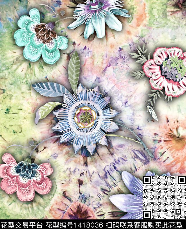 绿植树叶扎染华亿平台花卉数码印花华亿平台下载（图片编号: 1418036） - 瓦栏（Walan）