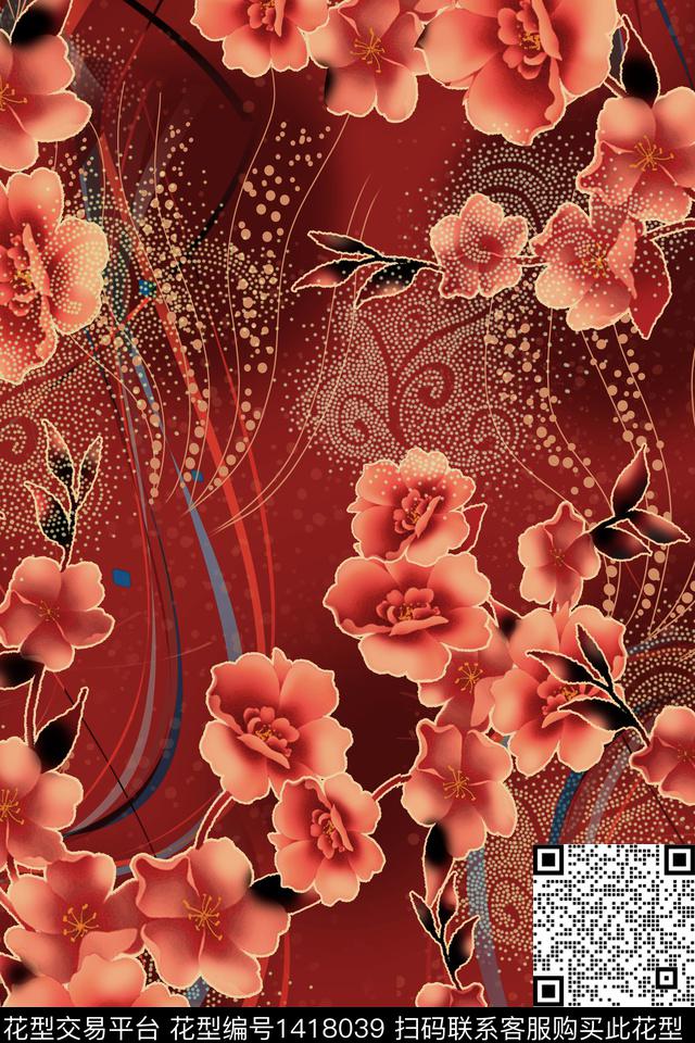 几何复古花卉数码印花华亿平台下载（图片编号: 1418039） - 瓦栏（Walan）