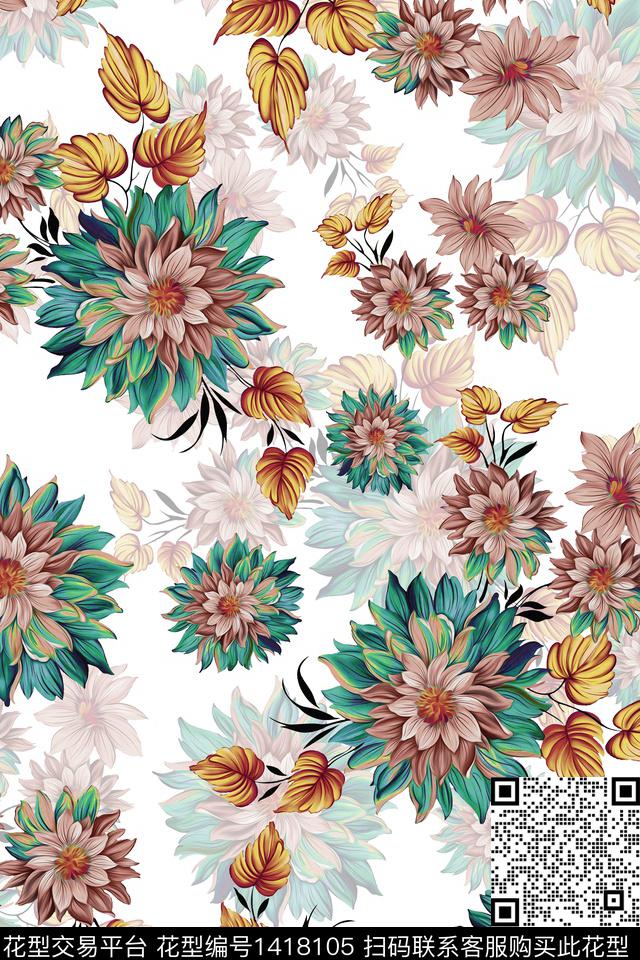 绿植树叶水彩清爽底花卉数码印花华亿平台下载（图片编号: 1418105） - 瓦栏（Walan）