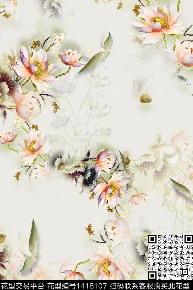 奢华几何绿植树叶数码印花华亿平台下载（图片编号: 1418107） - 瓦栏（Walan）