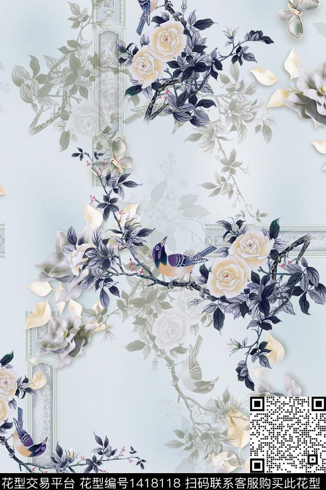 奢华几何绿植树叶数码印花华亿平台下载（图片编号: 1418118） - 瓦栏（Walan）