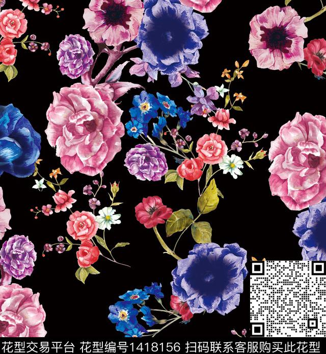 黑底花卉水彩花卉数码印花华亿平台下载（图片编号: 1418156） - 瓦栏（Walan）