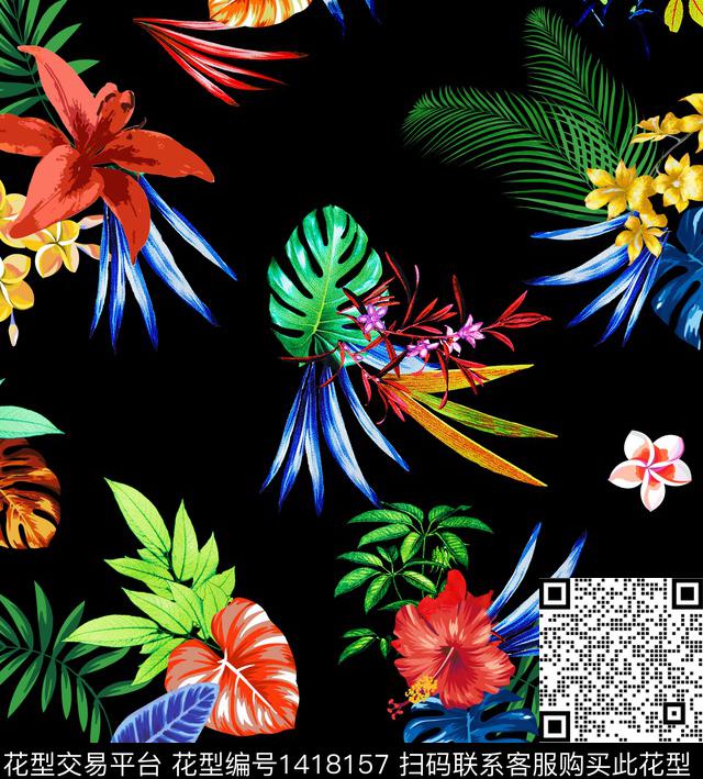 黑底花卉花卉热带华亿平台数码印花华亿平台下载（图片编号: 1418157） - 瓦栏（Walan）